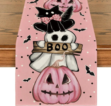 Polka Dot Ghost & Pumpkin Table Runner - Halloween Party Decor, Reusable Linen