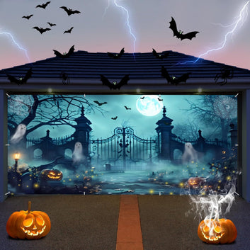 7x16ft Large Halloween Garage Door Decorations Backdrop Halloween Garage Door Cover Scary Graveyard