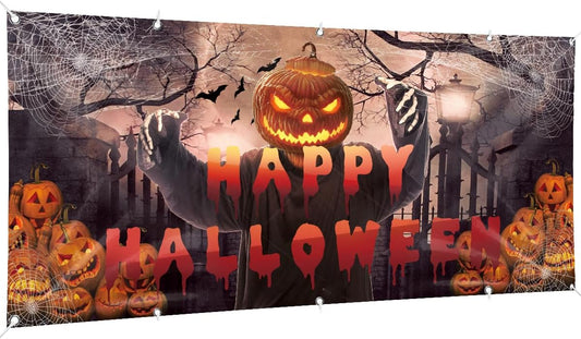 Happy Halloween Garage Door Banner, 16 x 7ft Garage Cover Large Background Skull