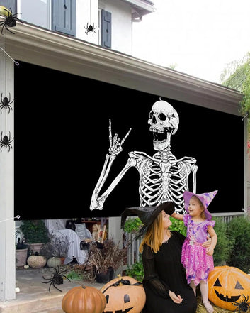 Halloween Garage Door Banner Cover 7 x 8 ft, Halloween Funny Skull Skeleton Victory Halloween Garage Door