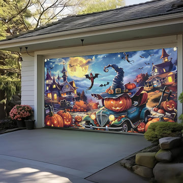 Halloween Garage Door Decoration, Horror Pumpkin Truck Door Cover Banner, Scary