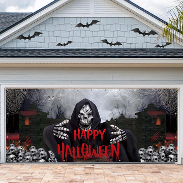 Vlipoeasn Halloween Garage Door Decorations, 7x16 Ft Halloween Garage Door Cover Banner, Skull Ghosts