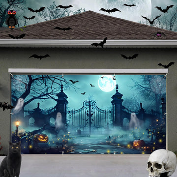 7x16ft Large Halloween Garage Door Decorations Backdrop Halloween Garage Door Cover Scary Graveyard