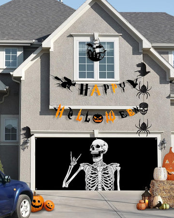 Halloween Garage Door Banner Cover 7 x 8 ft, Halloween Funny Skull Skeleton Victory Halloween Garage Door