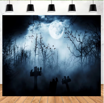 Haunted Bats Flying on Dark Forest Tombstones - Realistic Gothic Photography Background