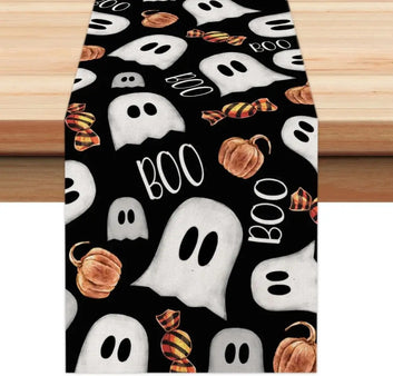 Polka Dot Ghost & Pumpkin Table Runner - Halloween Party Decor, Reusable Linen